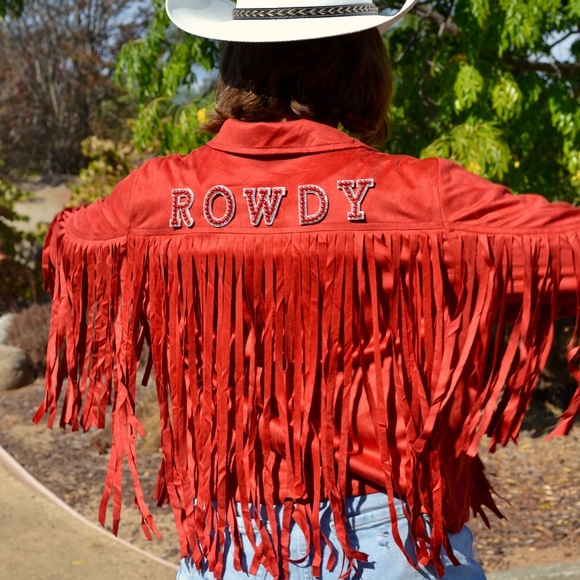Red Suede Western Fringe Jacket, Nashville Country Concert Outfit - Picture 4 of 12